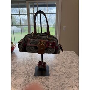Coach Tweed Velvet Bow Satchel Handbag and Matching Kiss Lock Coin Purse Set